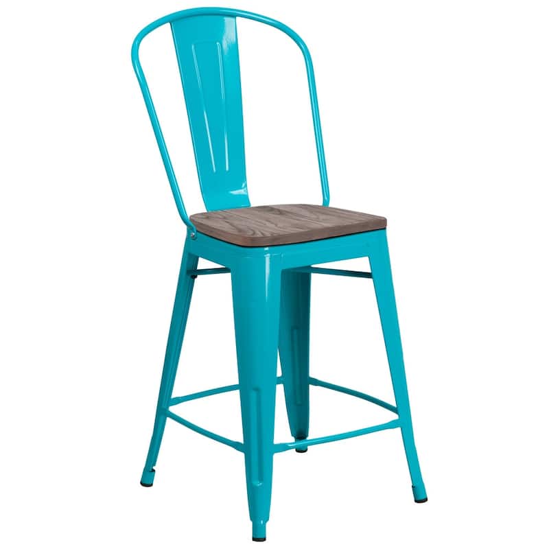 24" High Metal Counter Height Stool with Back and Wood Seat - 17.75"W x 22"D x 40.25"H - 17.75"W x 22"D x 40.25"H