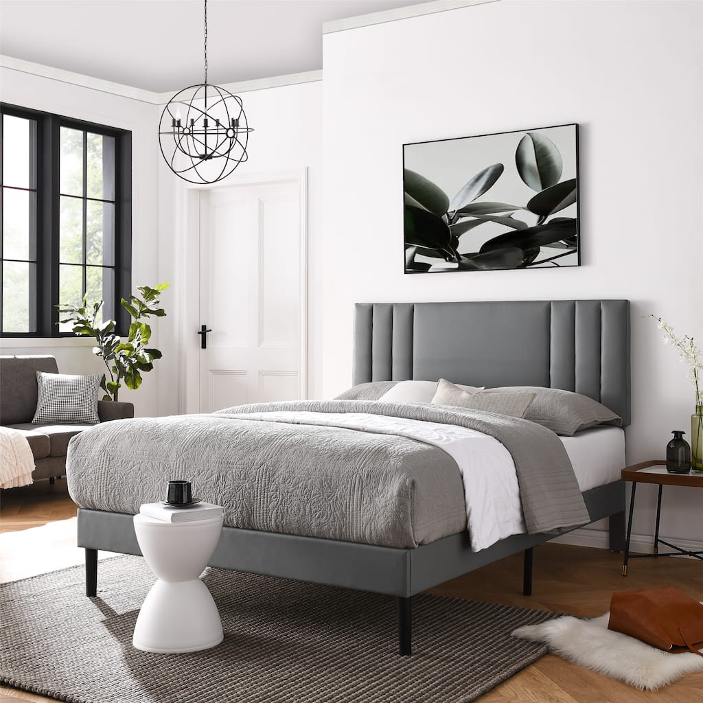 MUSEHOMEINC Mid-Century Tufted Upholstered Platform Bed Frame with Adjustable Height Headboard, Faux Leather Upholstery Bed