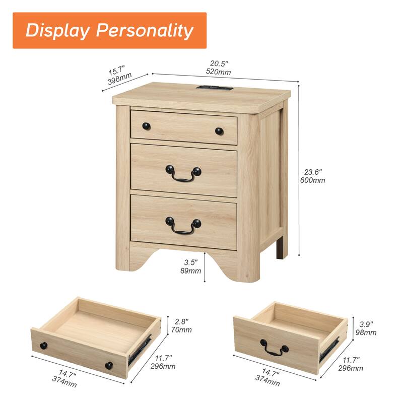 WAMPAT Farmhouse Nightstand with 3 Drawers