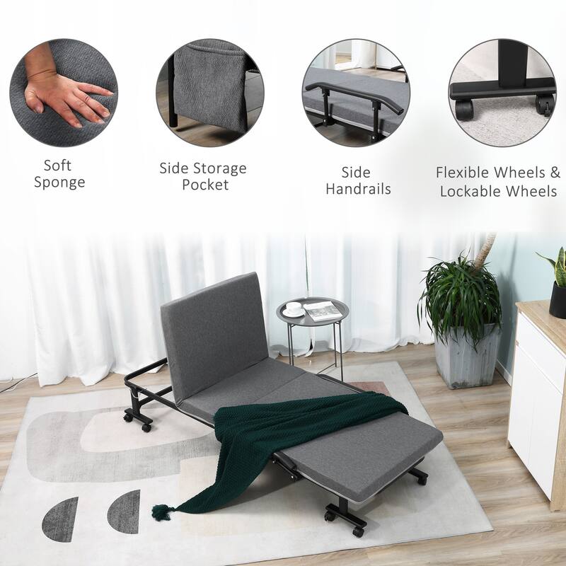 Dark Grey-Black Steel Foldable Floor Mattress Bed with Adjustable Backrest, Handrails and Storage Bags