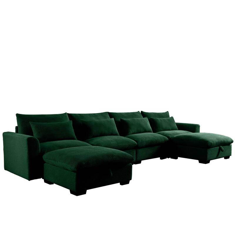 GDFStudio - Winslow Corduroy 4 Seater Sofa Couch with 2 Storage Ottomans and Pillows