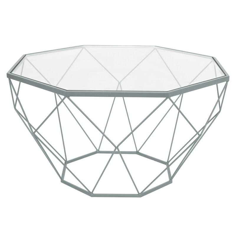 Malibu 29" Modern Octagon Center Coffee Table with Tempered Glass Table top & Sturdy Metal Geometric Base for Living Room Office - Grey