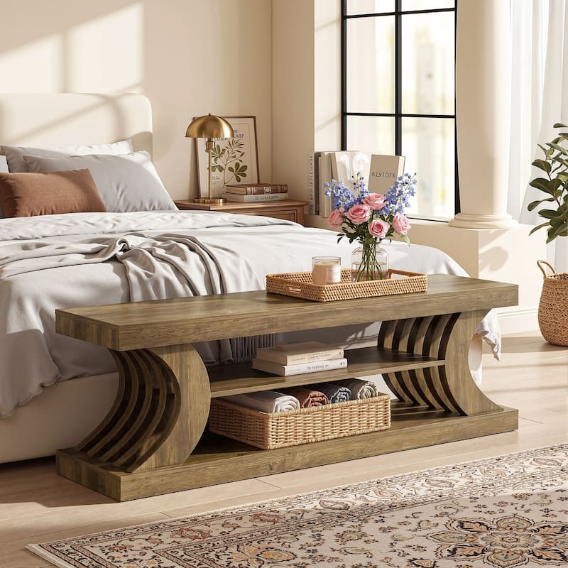 63" Entryway Bench, End of Bed Bench with Open Shelves, Shoe Storage Bench for Bedroom, Foryer, Hallway
