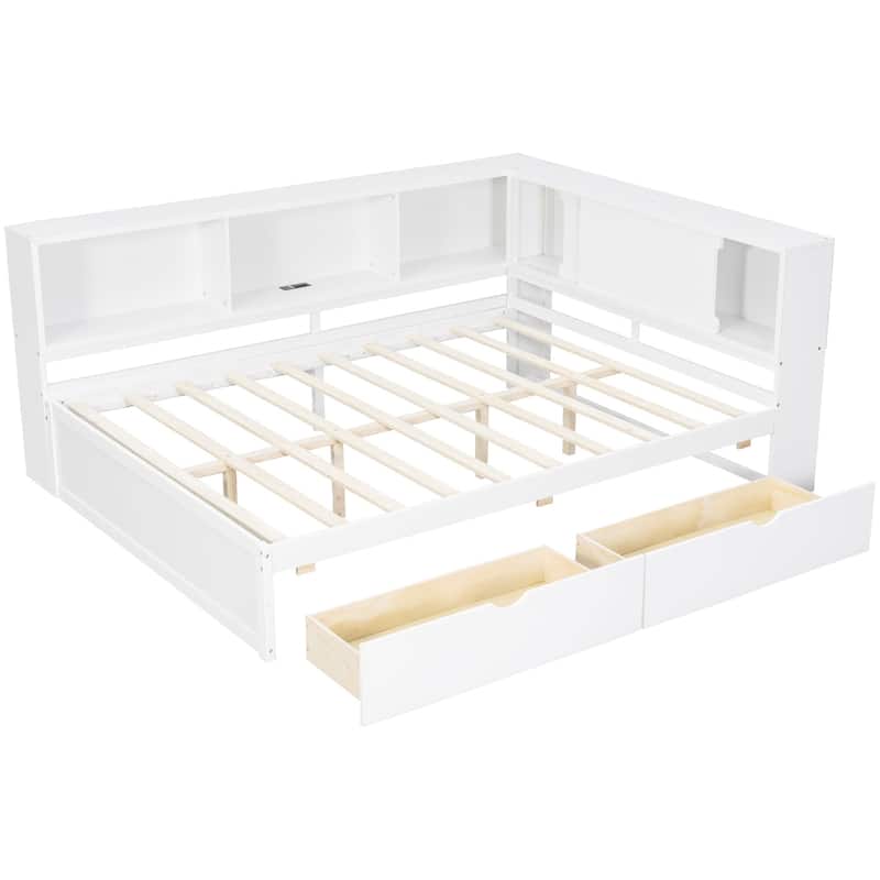 Queen Size Wood Daybed with LED Storage Shelves, USB Ports, and 2 Drawers by Harper&Bright Designs