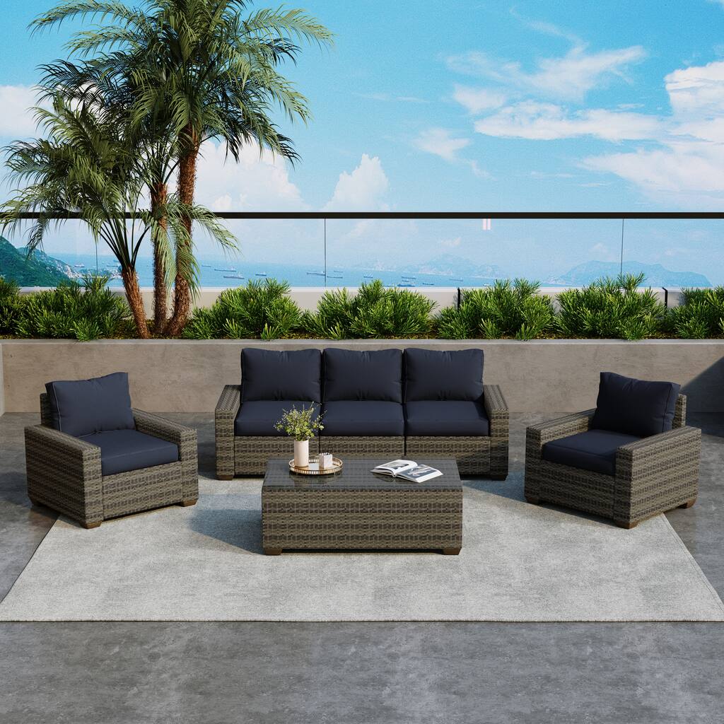 Rattan Cushioned Sectional Sofa Set With Coffee Table