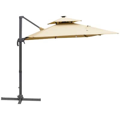 10FT Cantilever Patio Umbrella with Solar LED Lights & Power Bank,Double Top Offset Umbrella with 360°Rotation,Crank&Cross Base