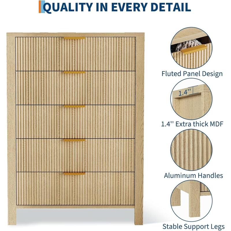 Tall Wooden 5 Drawers Dressers, Storage Cabinet for Bedroom, Living Room