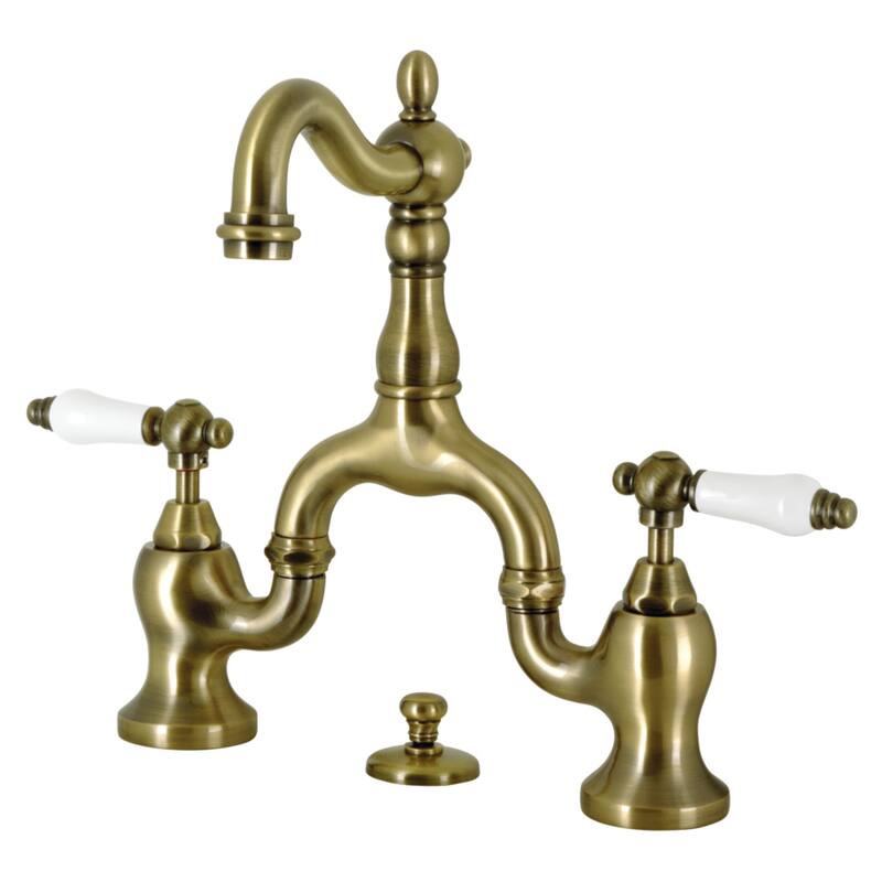 English Country Bridge Bathroom Faucet with Brass Pop-Up - Antique Brass