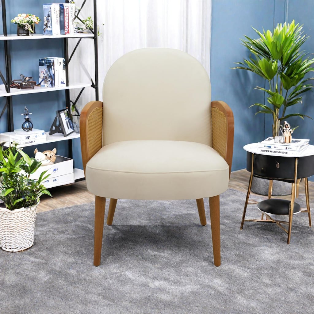 Velvet Accent Chair with Rattan Armrests, Rubberwood Legs and Ergonomic Back Support