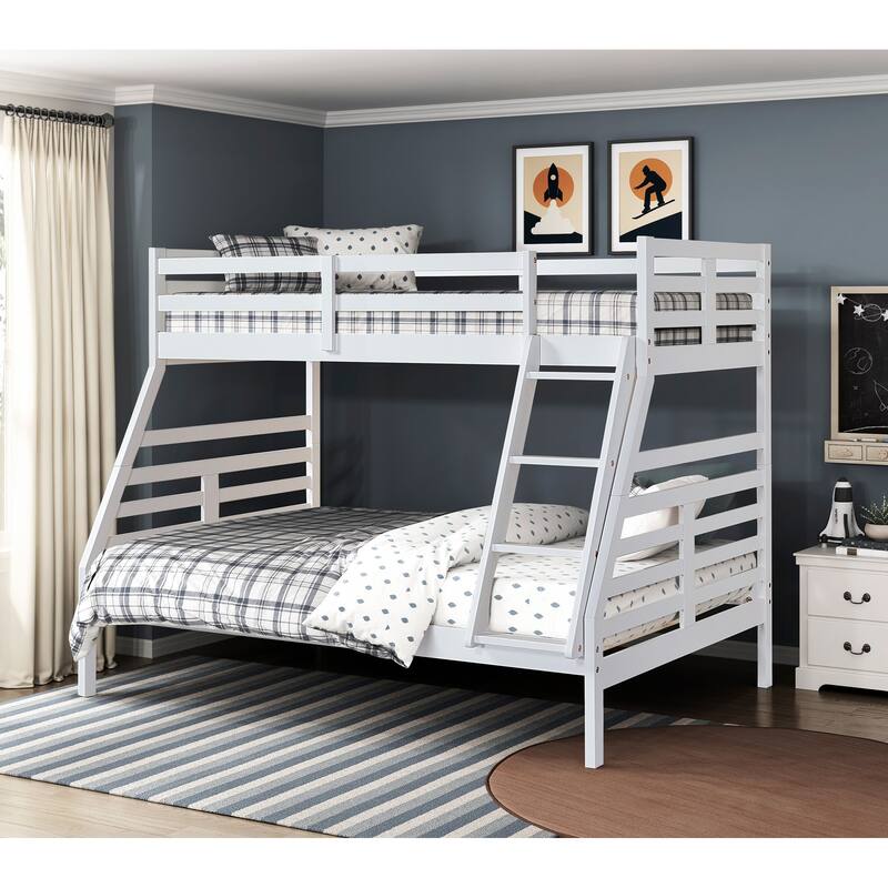 Classic White Twin Over Full Bunk Bed with Guard Rails and Ladder - White