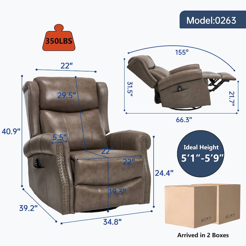 360° Swivel Rocking Recliner with Heat & Massage, Genuine Leather