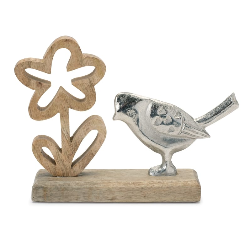 Bird and Flower on Wooden Base Decorations - 9.5" - Set of 2