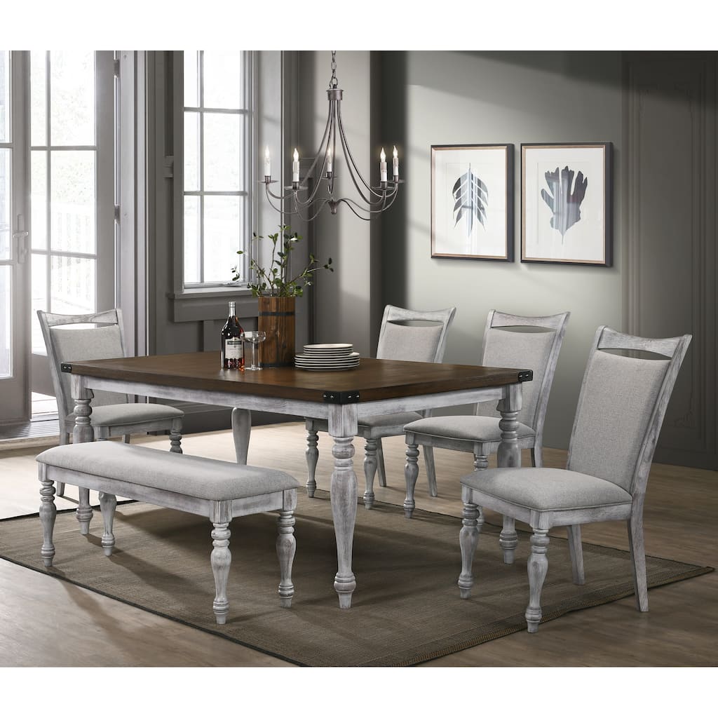 Roundhill Furniture Salines 6 Piece Dining Table Set with 4 Upholstered Chairs and 1 Bench, White