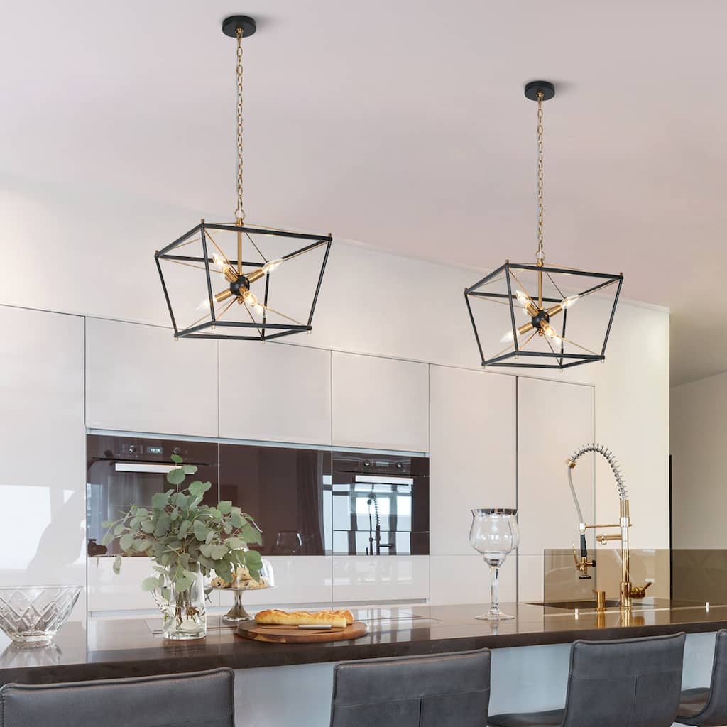 Modern Farmhouse 6-Light Black Gold Cage Chandeliers Sputnik Pendant Light for Dining Room - L15.5" x W15.5" x H15.5"