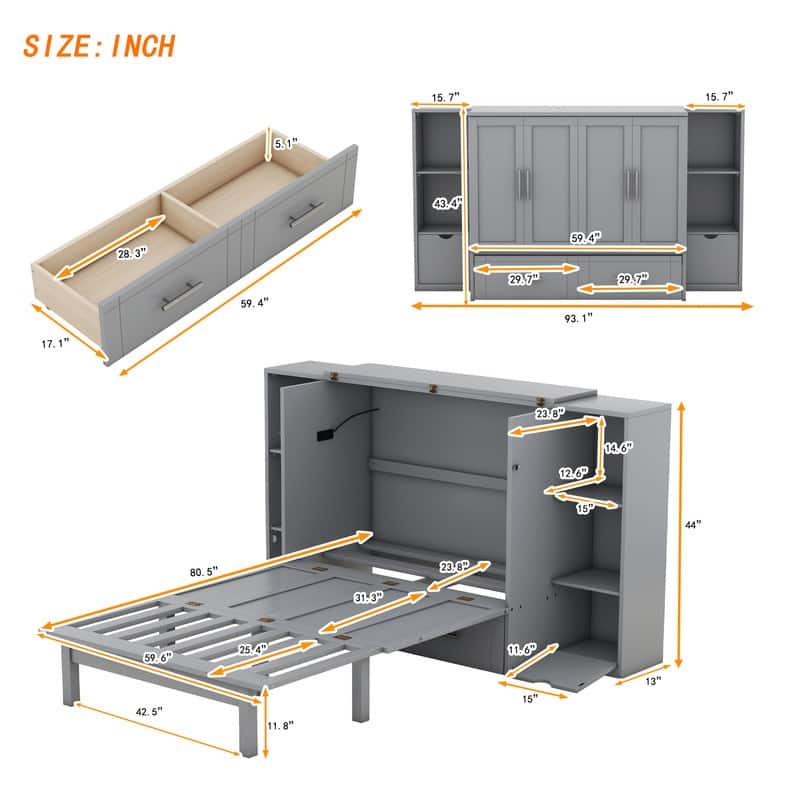 Queen Size Wood Murphy Bed with Shelves,Wall Bed with Drawers and USB Ports