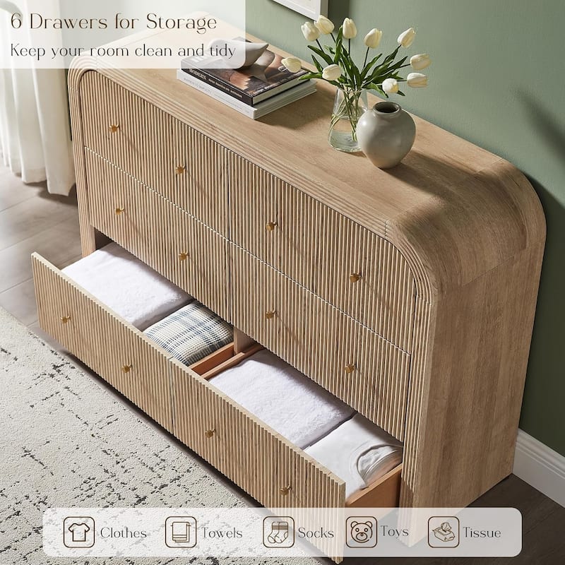 Modern Fluted 6 Drawers Dresser, Wood Chest of Drawers for Bedroom