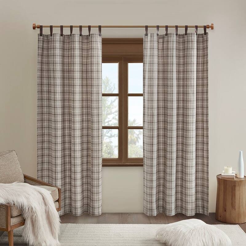 Plaid Faux Leather Tab Top Curtain Panel with Fleece Lining