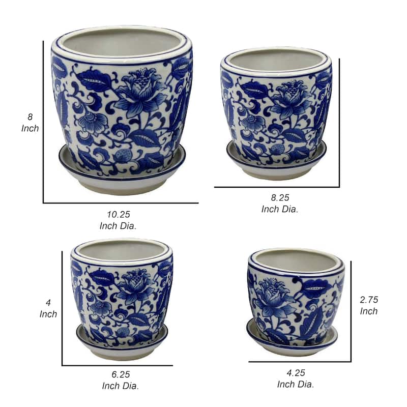 Planter With Saucer Set of 4, Vintage Blue Floral Print, White Ceramic