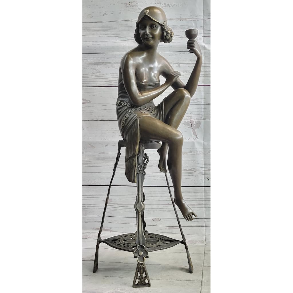 Art Deco Flapper Girl On Chair W/ Wine Champagne Gl Bronze Figure Sculpture 21.5 Inches X 6.5 Inches