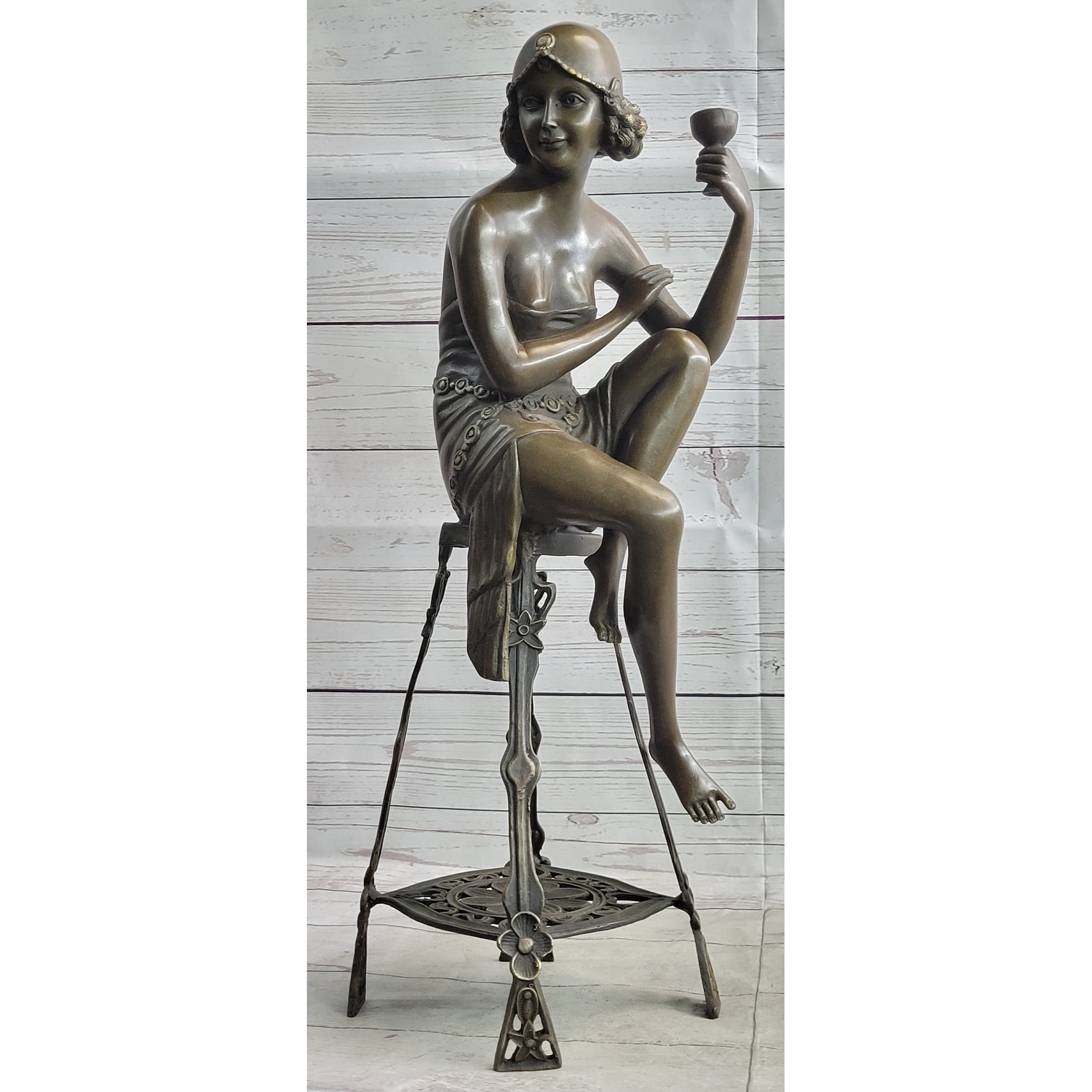 Art Deco Flapper Girl On Chair W/ Wine Champagne Gl Bronze Figure Sculpture 21.5 Inches X 6.5 Inches