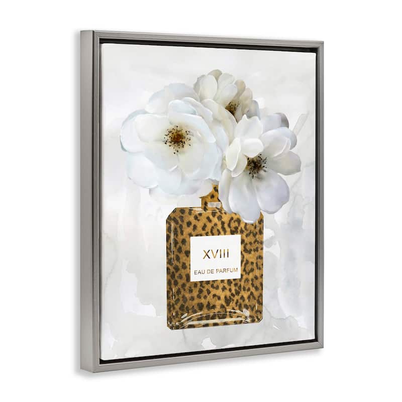 Stupell Leopard Print Perfume Bottle Glam White Spring Florals Floater Frame