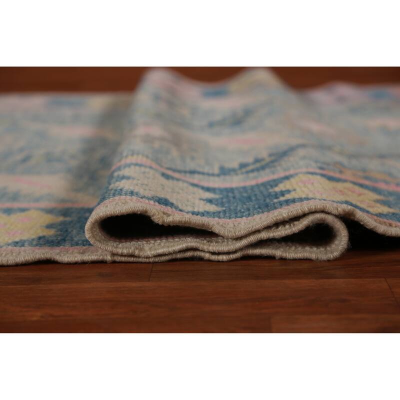 Hand Knotted Oriental 100% Wool Carpet Transitional Floral Navy Blue & Blues Oushak Runner Rug - 16' 7'' X 3' 6''