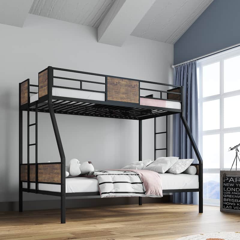Metal Twin Over Full Bunk Bed with Safety Guardrail and 2 Ladders for Kids, No Box Spring Needed - Brown