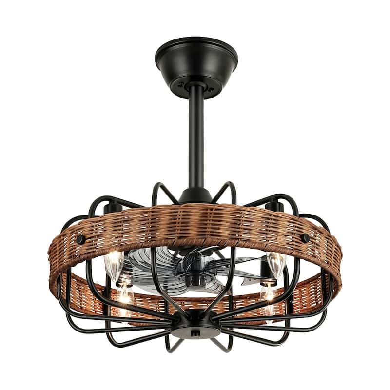 4-Light Farmhouse Modern Brown Drum Ceiling Fan Lighting with Woven Rattan Accent - 18.5 in. W x 5.7 in. H