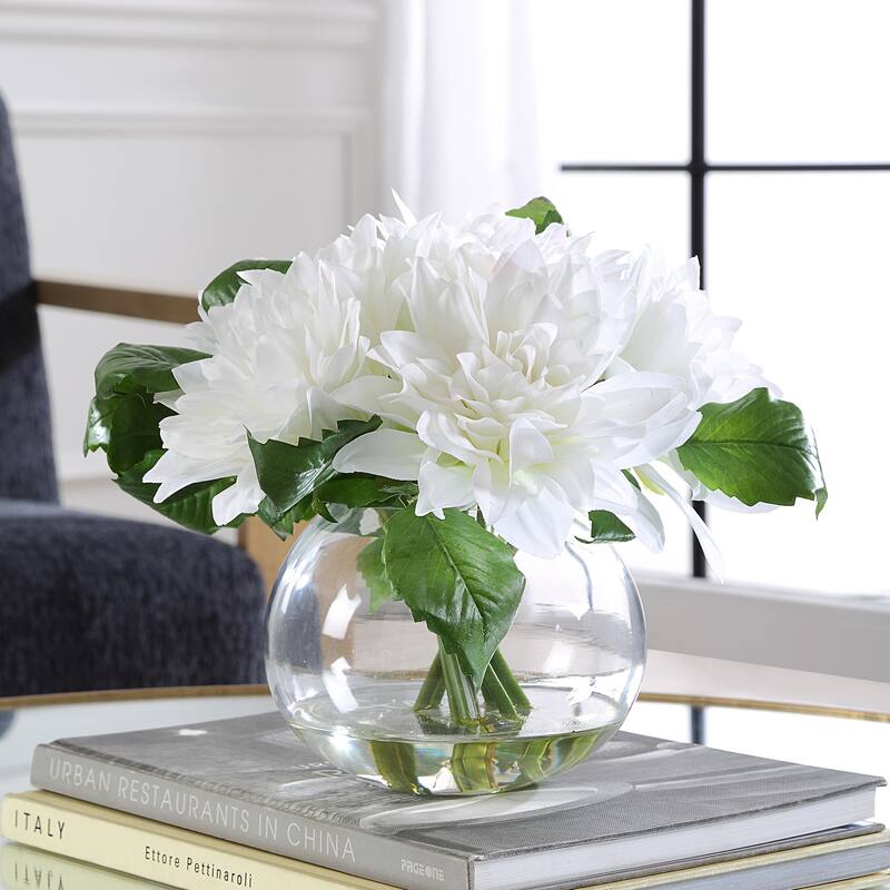Artificial Dahlia Floral Centerpiece in a Glass bowl - 12" - White and Green