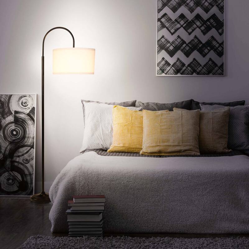Brightech Nora 68 in. Classic Black Mid-Century Modern Height Adjustable LED Floor Lamp with White Fabric Drum Shade