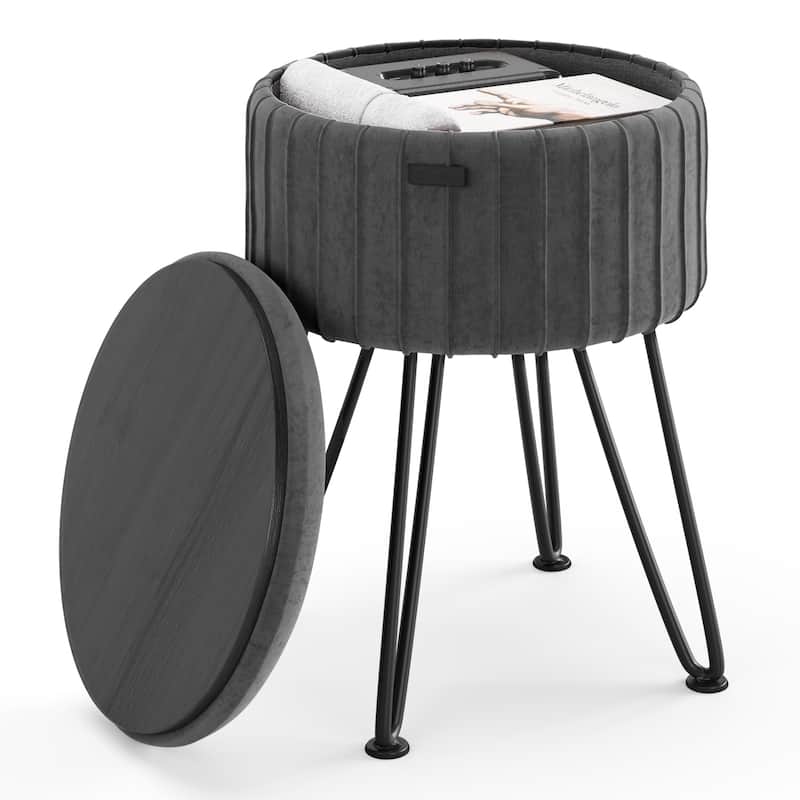 Emperyan Pleated Velvet Storage Ottoman, Modern Ottomans for Living Room and Bedroom - 17" x 13" - Grey/Black Legs