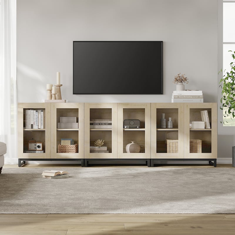 WAMPAT Modern TV Stand with Glass Doors for 110 inch TVs, Entertainment Center Console with Adjustable Shelves and Metal Base