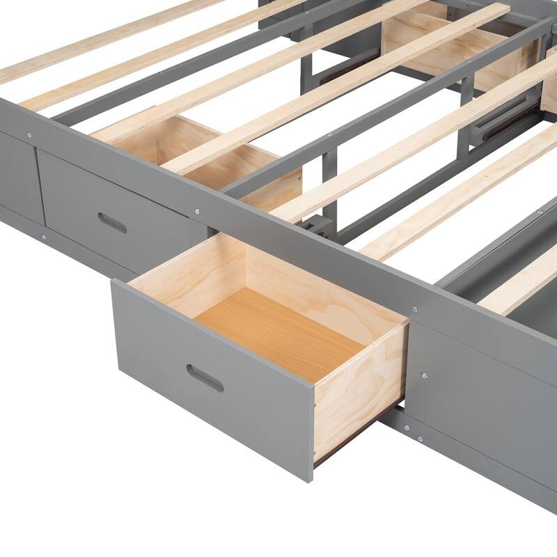 Queen Size Wood Platform Bed with Storage Headboard, Storage Shelves and 2 Drawers