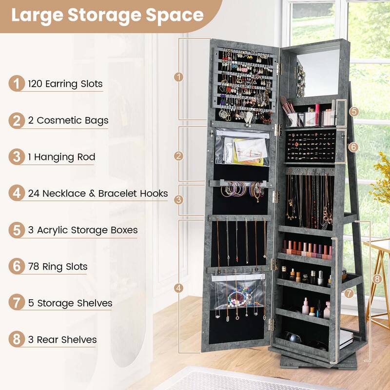 Costway 360degree Rotatable Jewelry Cabinet 2-in-1 Lockable Mirrored - See Details