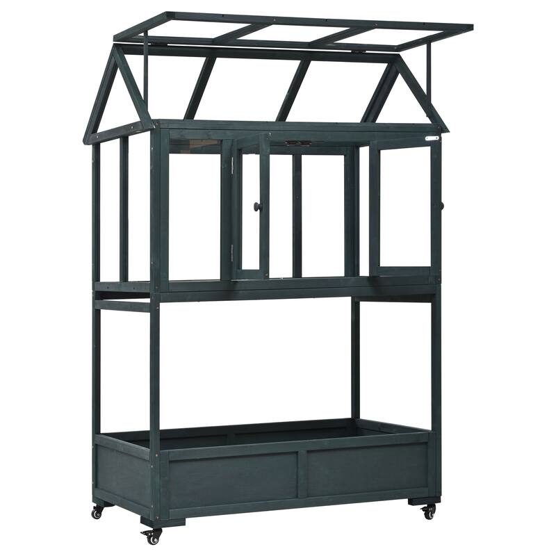 Garden Wood Portable Cold Frame with Movable Wheels Mini Greenhouse with Openable Roof and Storage Box