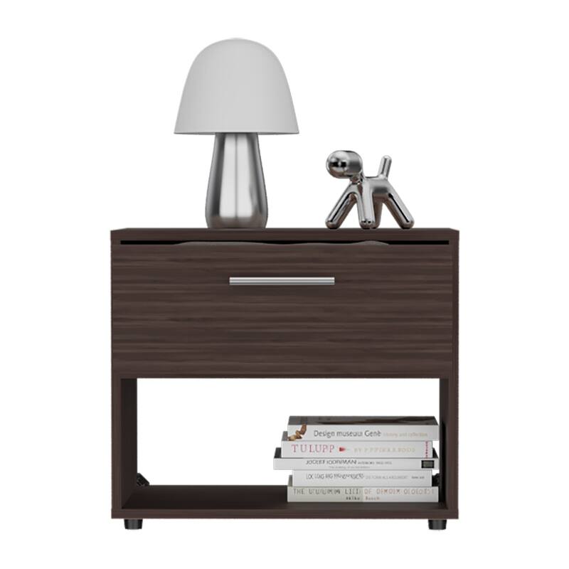 Dark Walnut Nightstand with Drawer and Open Shelf for Bedroom