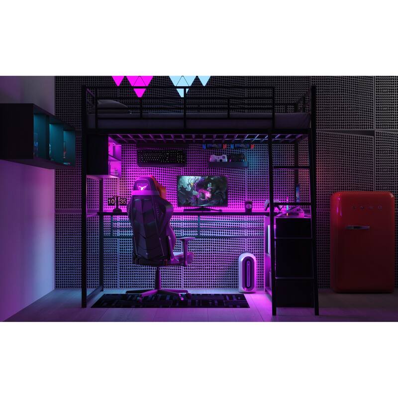 Full Size Loft Bed with Desk, LED Shelves, and Storage - Metal Frame with Guardrails and Ladder, Space-Saving Design for Teens
