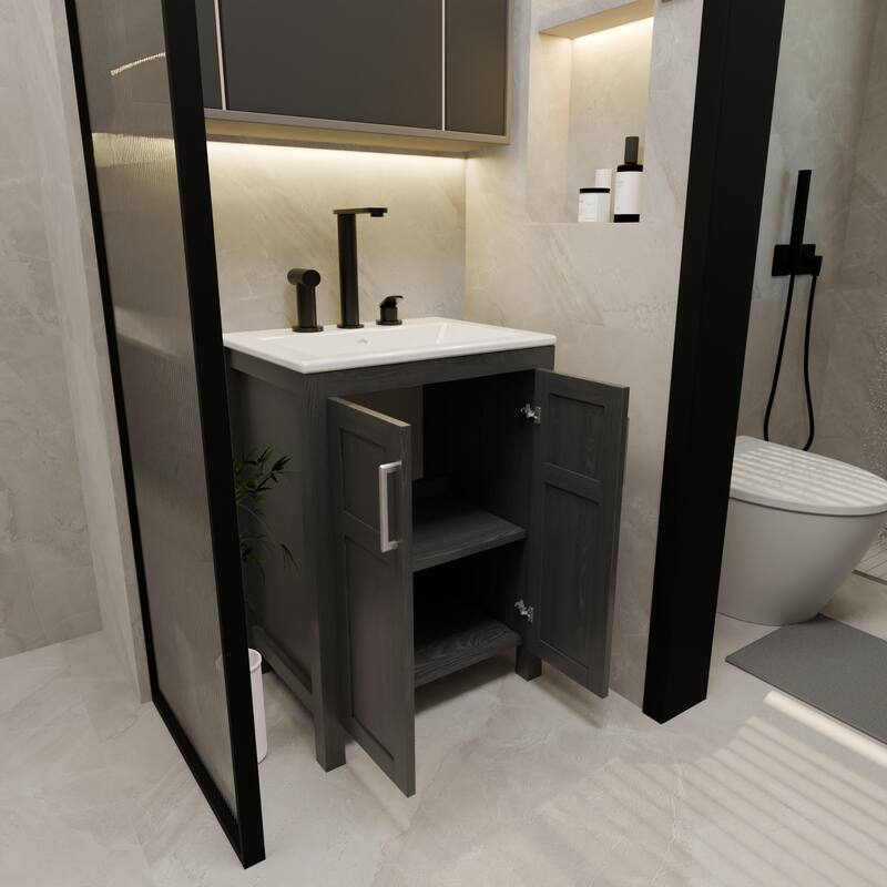 24" Black Bathroom Vanity Cabinet with White Ceramic Sink