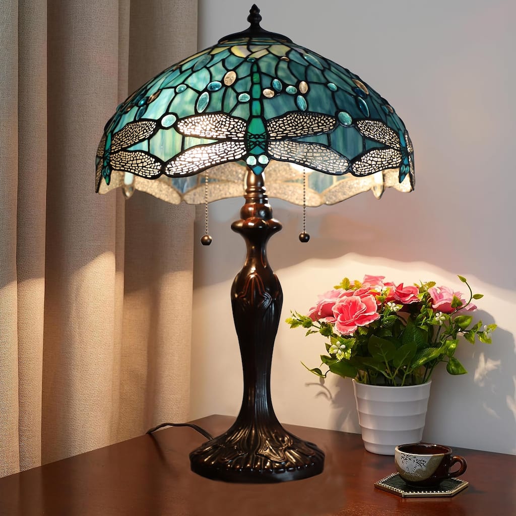 Tiffany Style Two-Light Table Lamp with Dragonfly Design