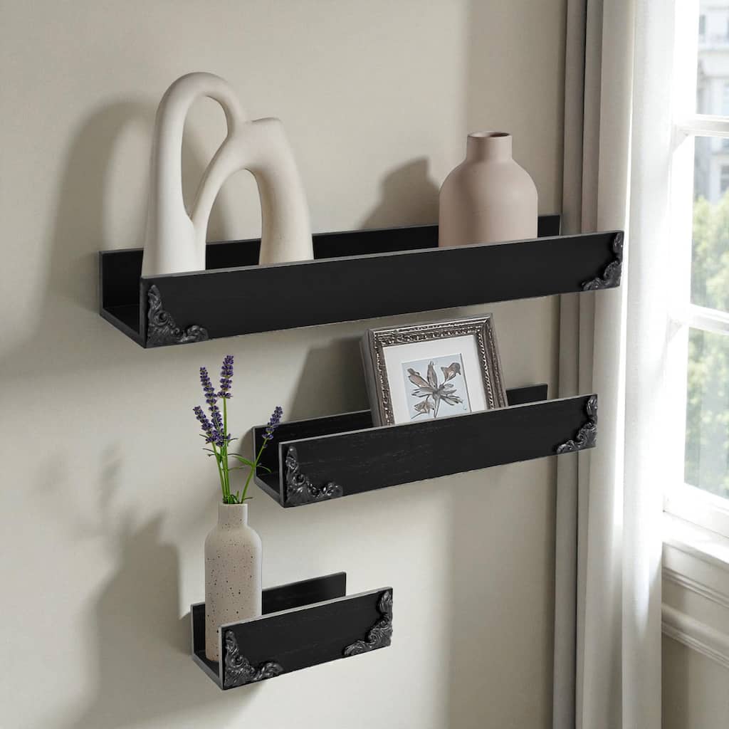American Art Decor Vintage Black Ornate Trim 3-Piece Floating Wall Shelf Set - 2" x 17.75"