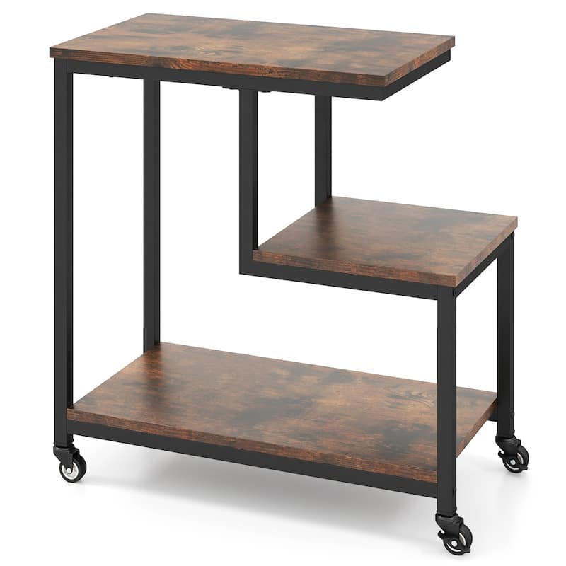 3-Tier G-Shaped Wooden Side End Table with Wheels and Storage for Living Room or Office Use - 23" x 12" x 24"