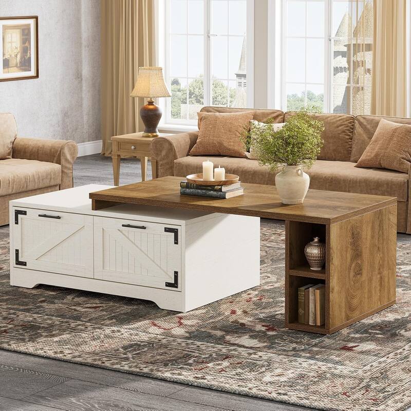 Extendable Large Coffee Table with 2 Storage Drawers and Open Shelves, White & Rustic Brown