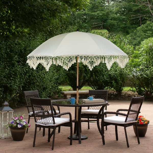 boho patio umbrellas The Freya' Handmade Balinese Collection Authentic Style Sun Gard  sundownparasol AMMSUN Boho Fringe Umbrella Outdoor Patio Boho Fringe Patio Umbrella, Pink