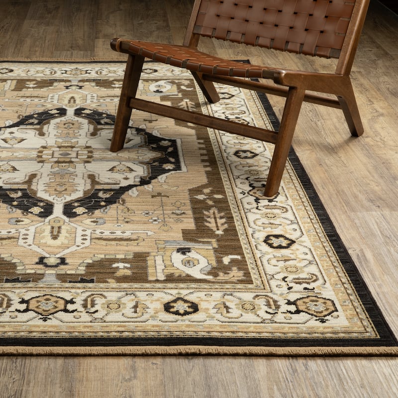 Adelaide Vintage Center Medallion Tan/ Black Wool Blend Area Rug-