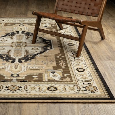 Adelaide Vintage Center Medallion Tan/ Black Wool Blend Area Rug-
