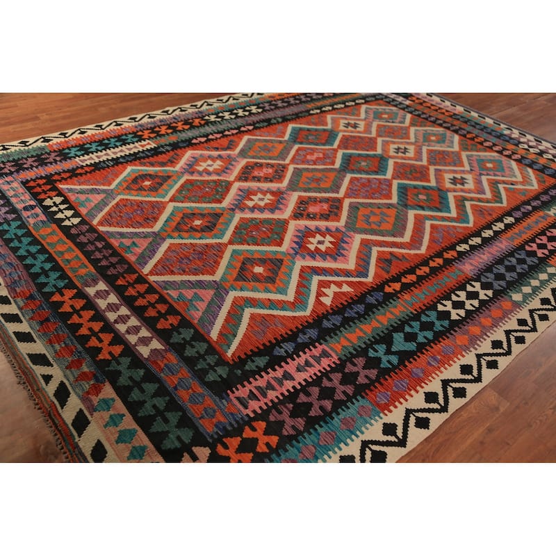 Orange Kilim Oriental Area Rug Hand-Woven Tribal Wool Carpet - 8'5"x 11'5"