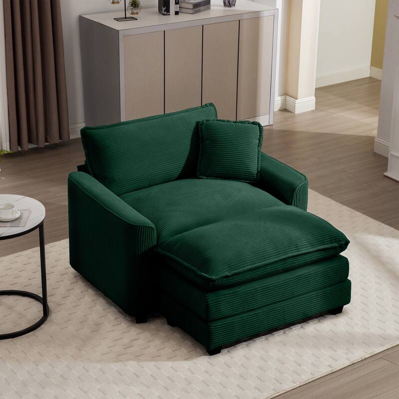 GDFStudio - Thaddeus Corduroy Single Deep Seat Sofa with Footstool and Pillow - Green