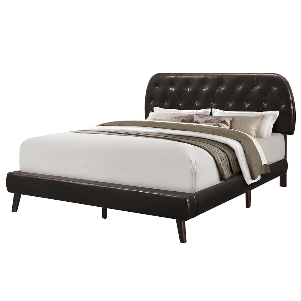 Queen Transitional PU Leather Bed with Wooden Legs and Rounded Diamond Tufted Headboard in Brown