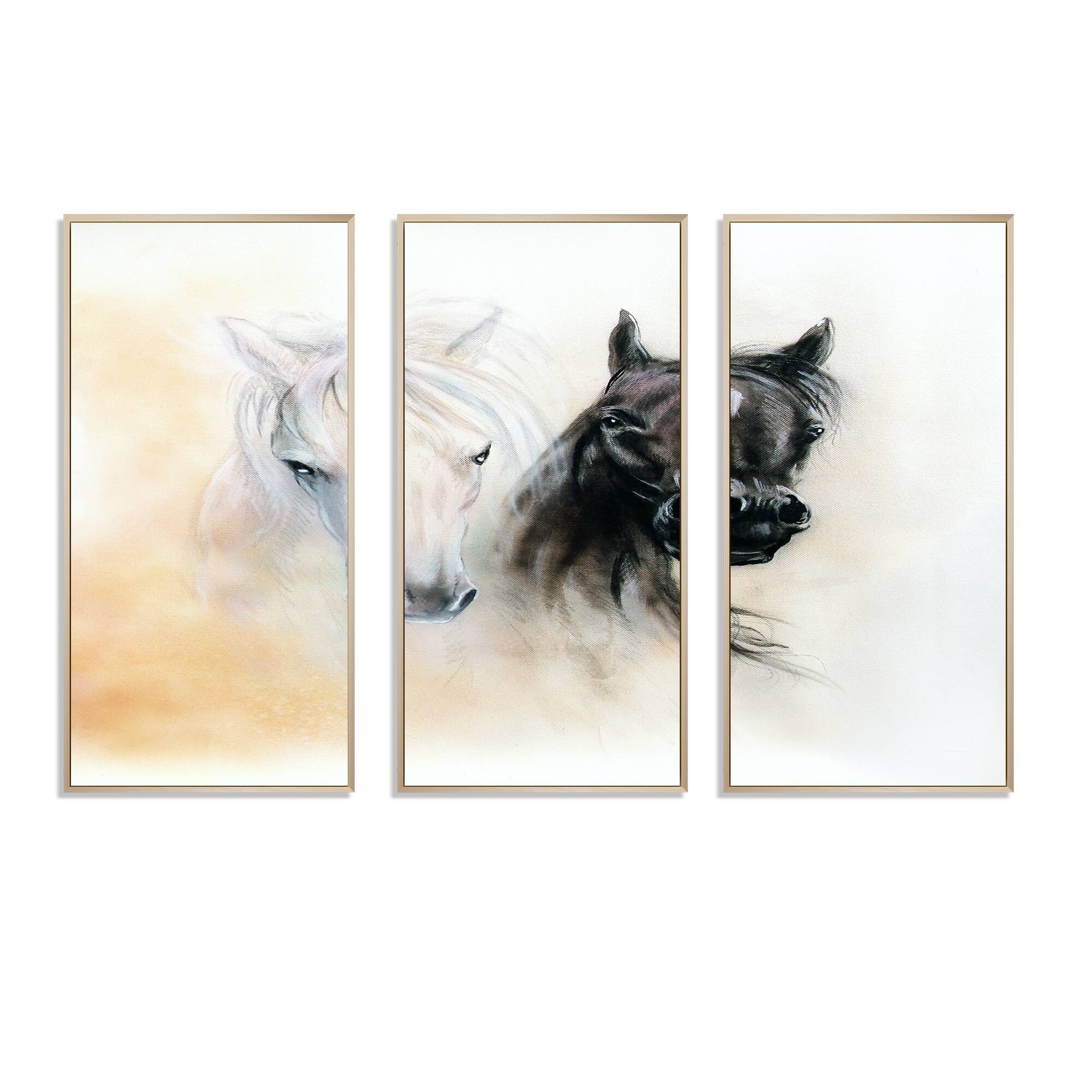 Designart "Black and White Horse Heads" Animal Framed Canvas Wall Art