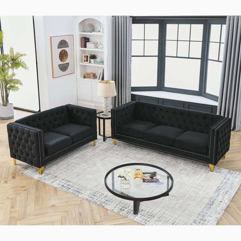 3+2 Combination Velvet Sofa Set with Metal Legs - Modern Living Room Furniture - Black